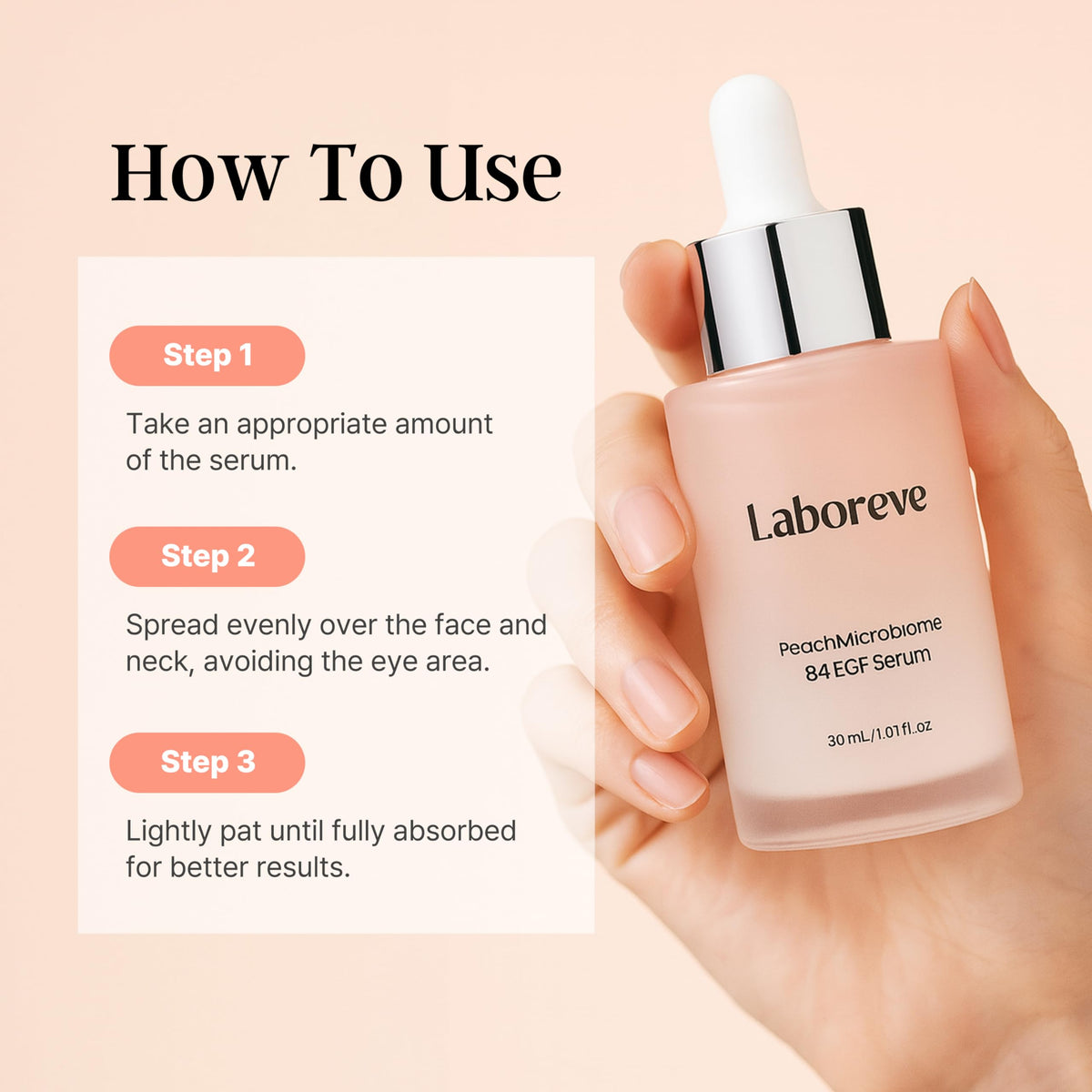 Laboreve PeachMicrobiome 84 EGF Serum ingredient close-up highlights probiotics and niacinamide benefits.