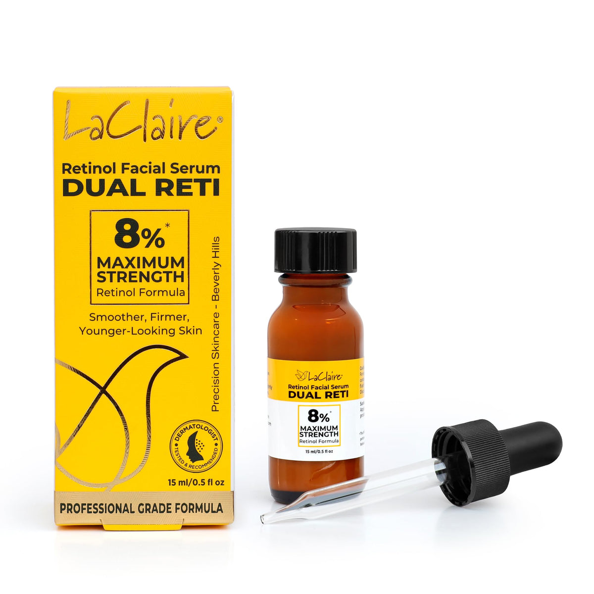 LaClaire 8% Retinol Complex serum bottle—fresh look, trusted formula for smoother skin.