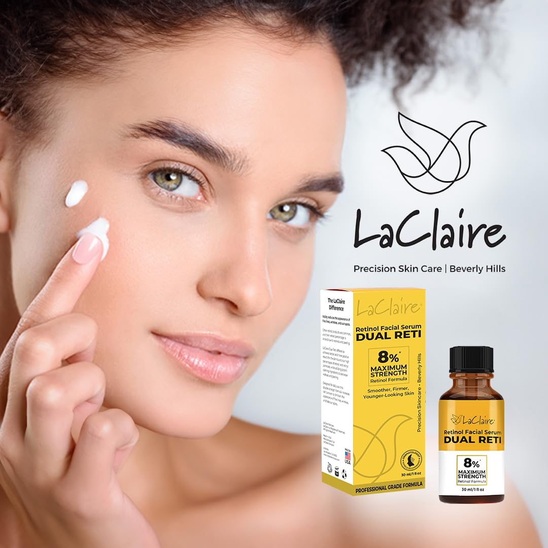 Dermatologist-approved LaClaire serum bottle emphasizes trusted skincare.