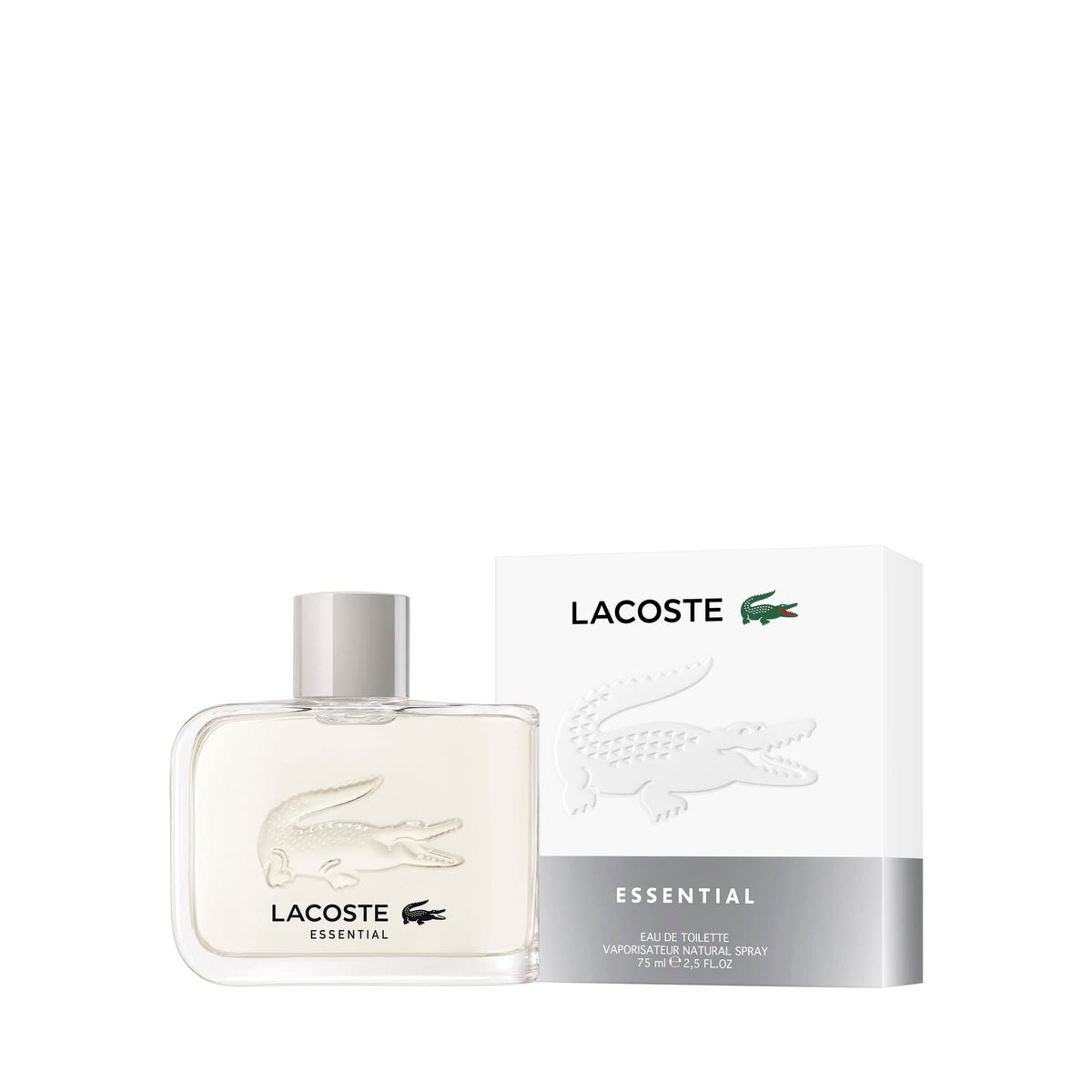 Lacoste Essential EDT 75ml spray cap close-up shows premium presentation for gifting