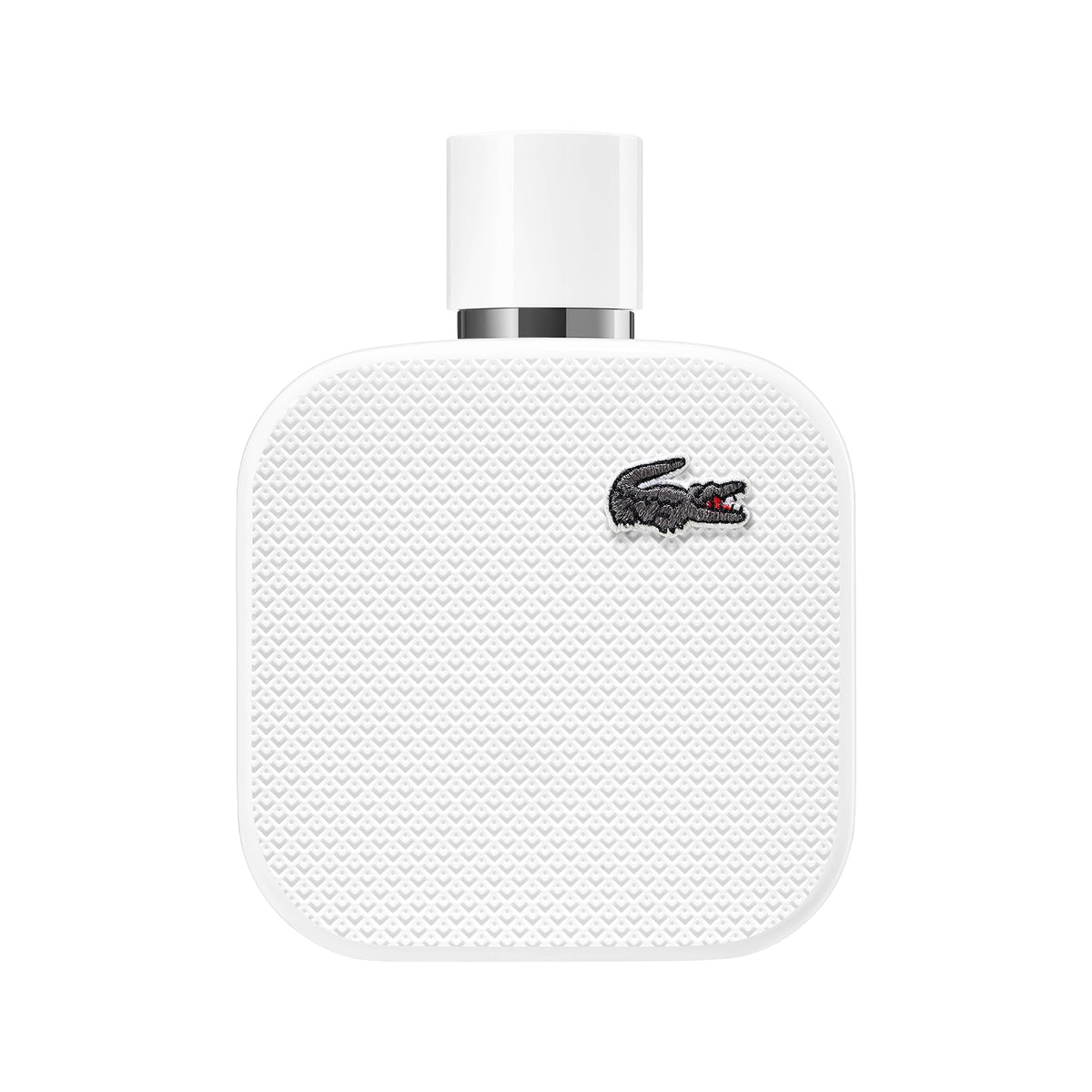 Lacoste L.12.12 Blanc bottle front, iconic crocodile design for daily confidence.