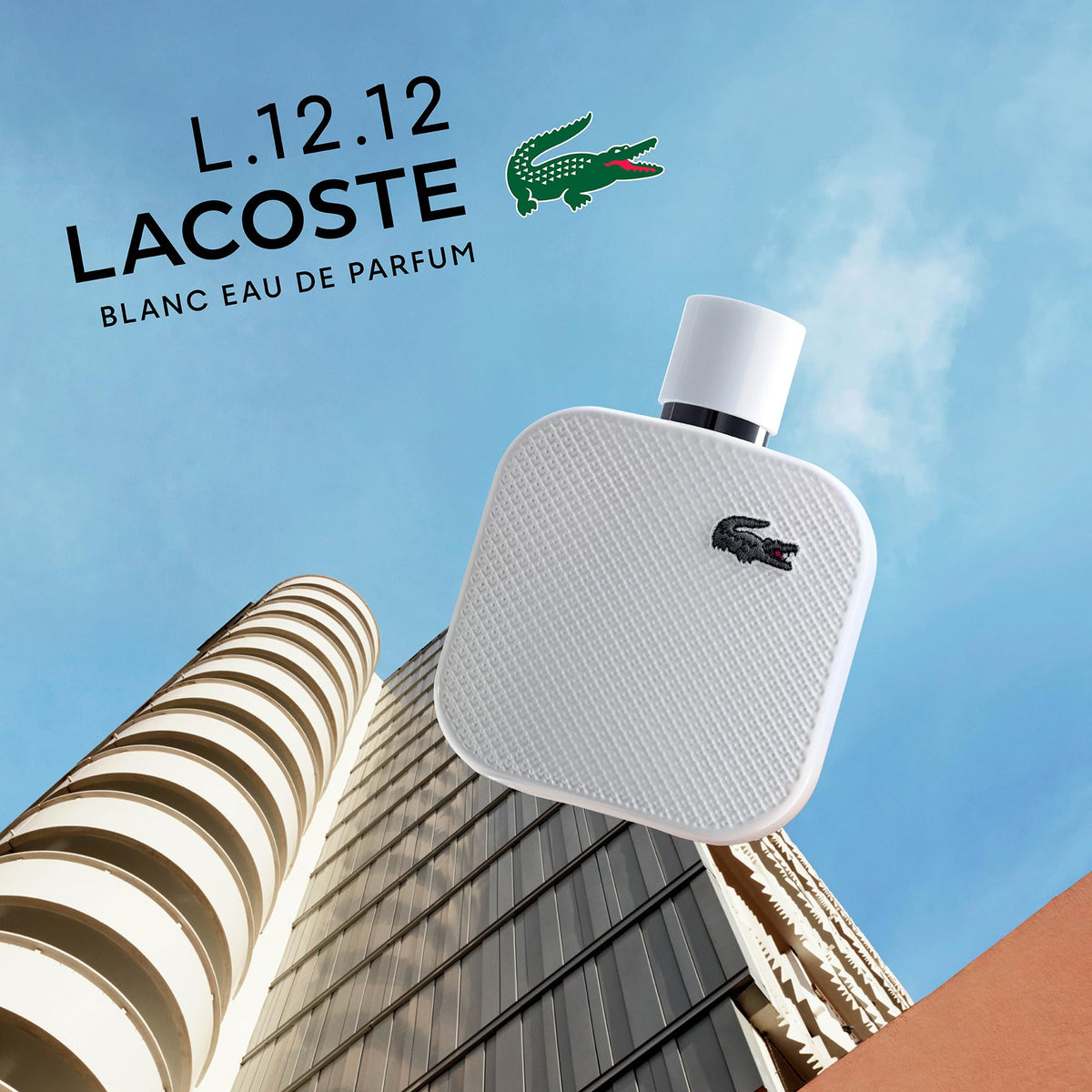 Lacoste L.12.12 Blanc packaging displays texture and polo-inspired elegance for gifting.