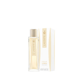 Lacoste Pour Femme fragrance floral woody heart visual, inviting romantic daily use.