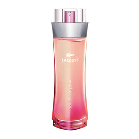 Lacoste Touch of Pink bottle closeup showing soft pink hues and feminine design