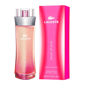 Lacoste Touch of Pink bottle front view highlighting the floral fruity profile for daily wear