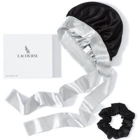 LaCourse anti-slip silk bonnet pink ivory front view showing secure fit for hair protection