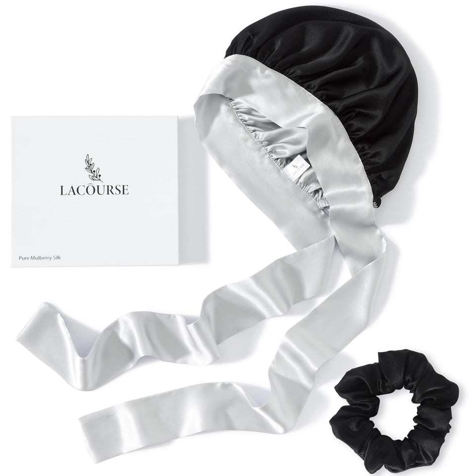 LaCourse anti-slip silk bonnet pink ivory front view showing secure fit for hair protection