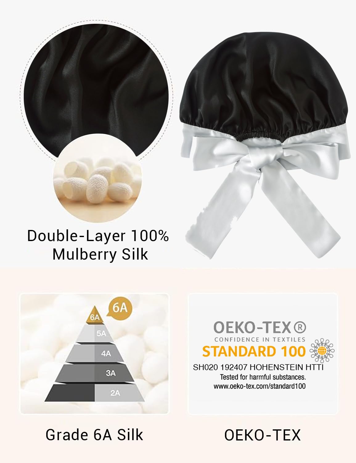 LaCourse OEKO-TEX certification tag on silk bonnet detail