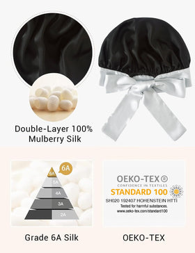 LaCourse OEKO-TEX certification tag on silk bonnet detail