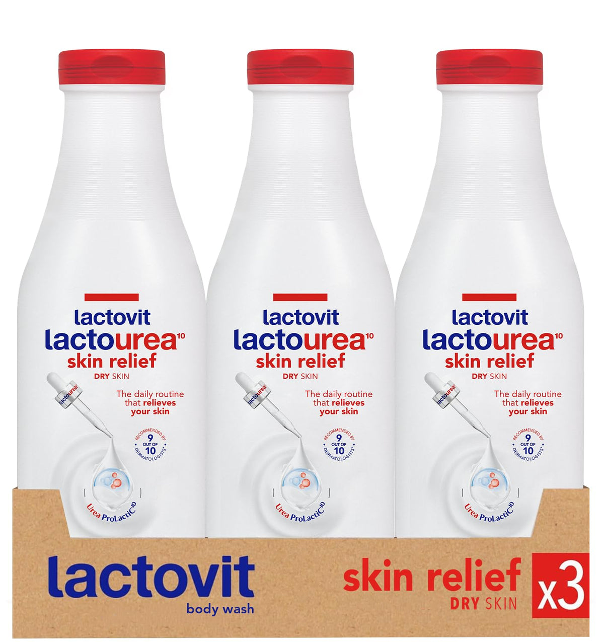 Lactovit Lactourea Body Wash bottle showing hydrating formula for dry skin.