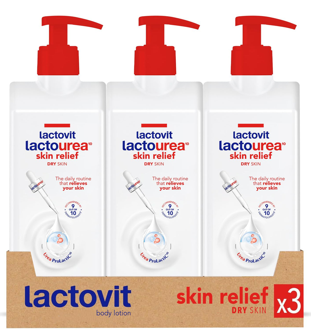Lactovit Lactourea bottle pump enables quick daily moisturization for dry skin.