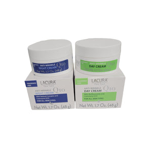 Lacura Q10 day cream packaging on a vanity for daily hydration and routine.