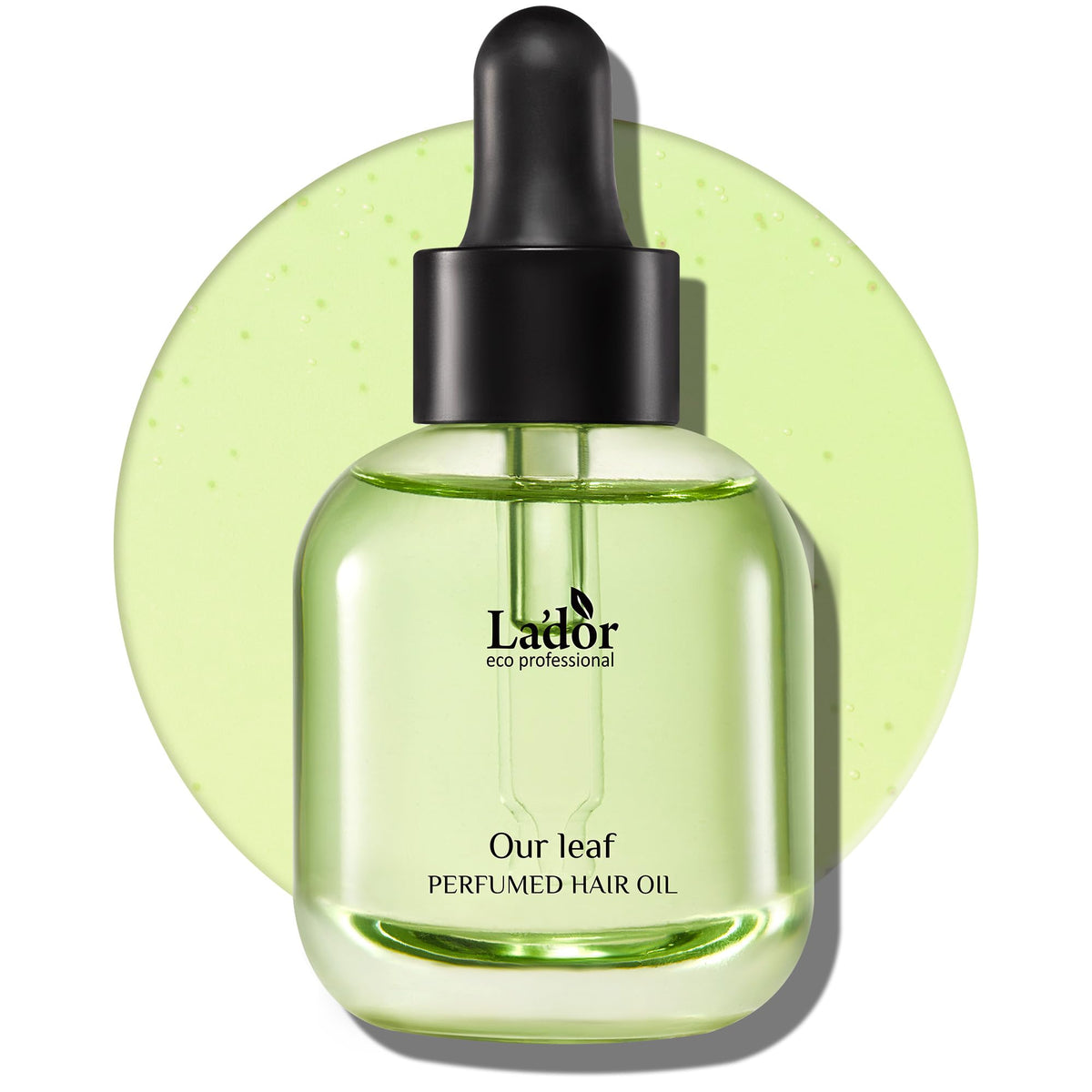 LA'DOR Hair Perfume Oil 04 Our Leaf bottle close-up showing frizz control and shine
