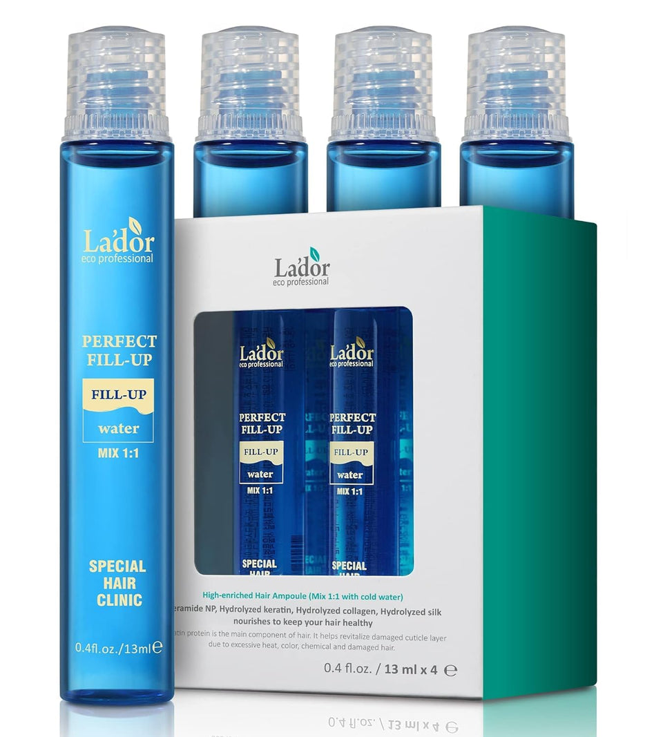 LA'DOR Perfect Hair Fill-Up bottle close-up showing sleek packaging and at-home hydration benefits.