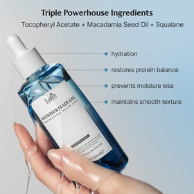 LA'DOR Wonder Hair Oil frizz control closeup highlights glossy, healthy-looking strands.