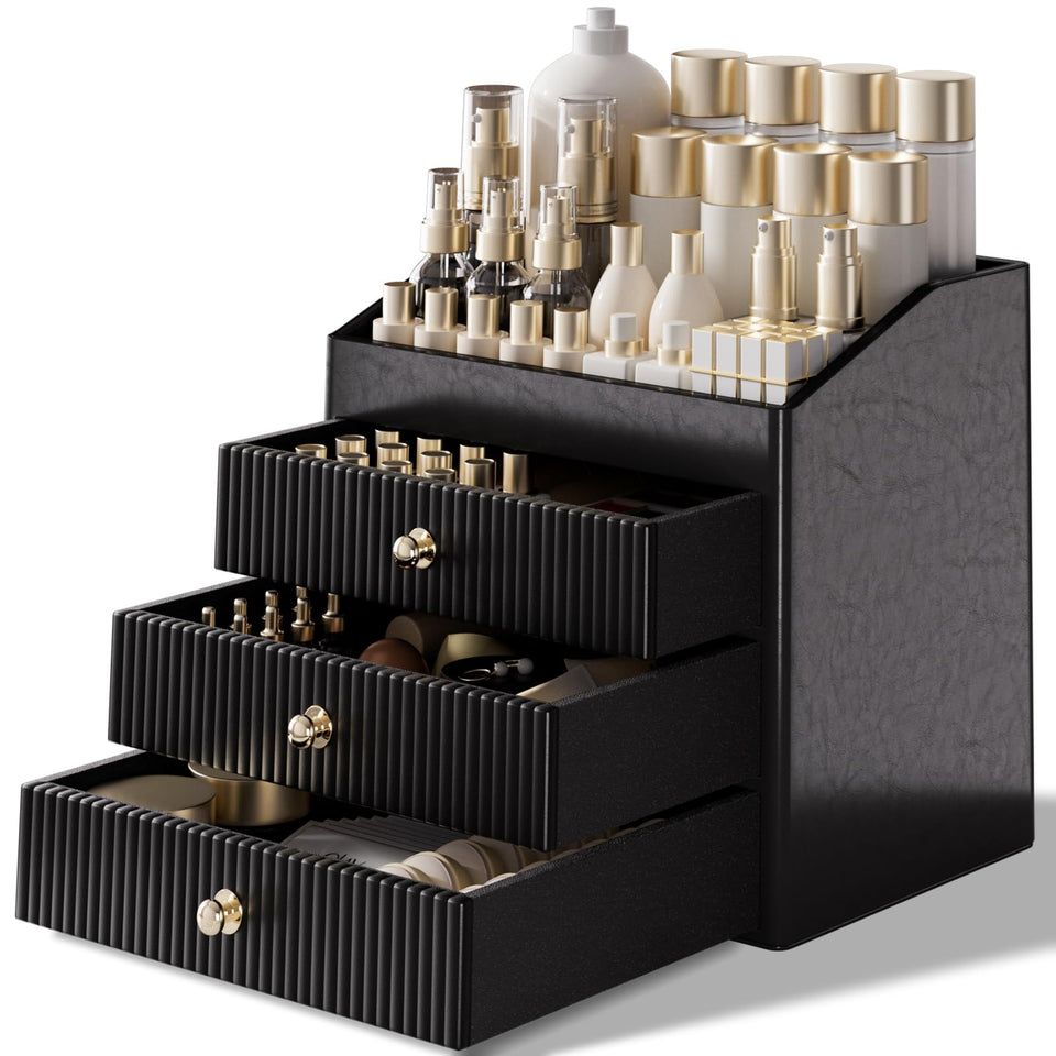 LADSTAG cosmetic organizer black three-drawer visible for streamlined vanity storage.