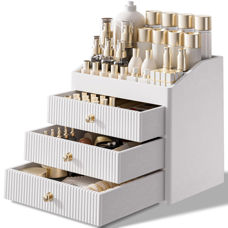 LADSTAG vanity organizer with 3-tier drawers keeps makeup essentials neatly accessible.