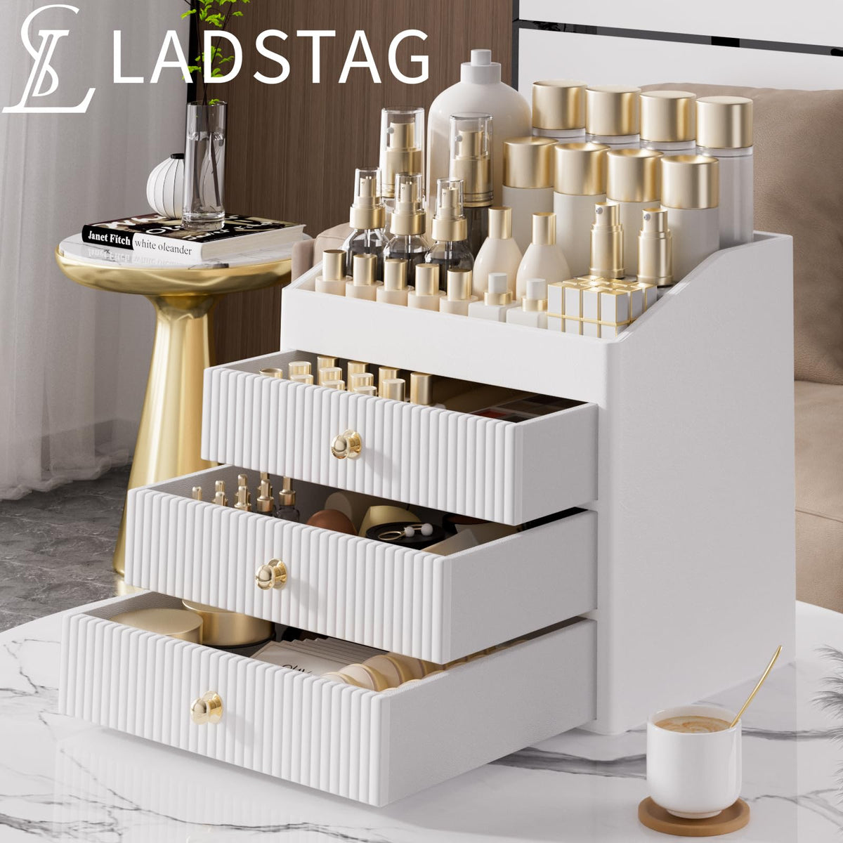 LADSTAG vanity organizer in beige-white leather enhances a chic dresser or bathroom counter.