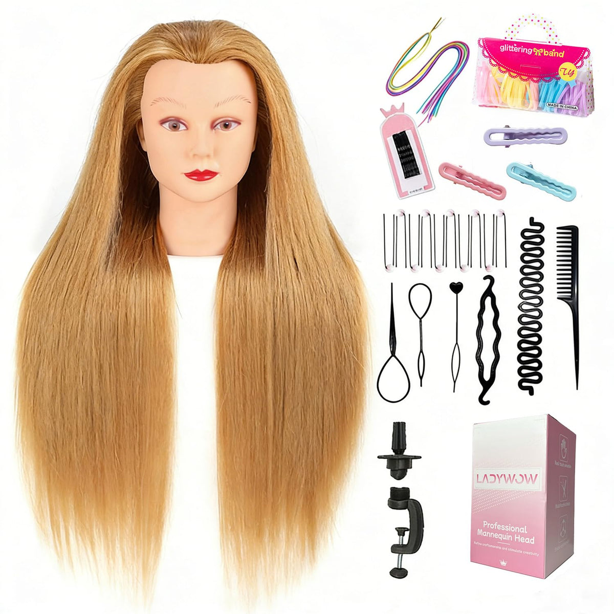 LADYWOW mannequin head with clamp stand for realistic practice.