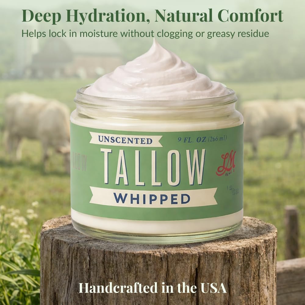 Lady May Tallow daily body moisturizer for hands and dry areas in use.