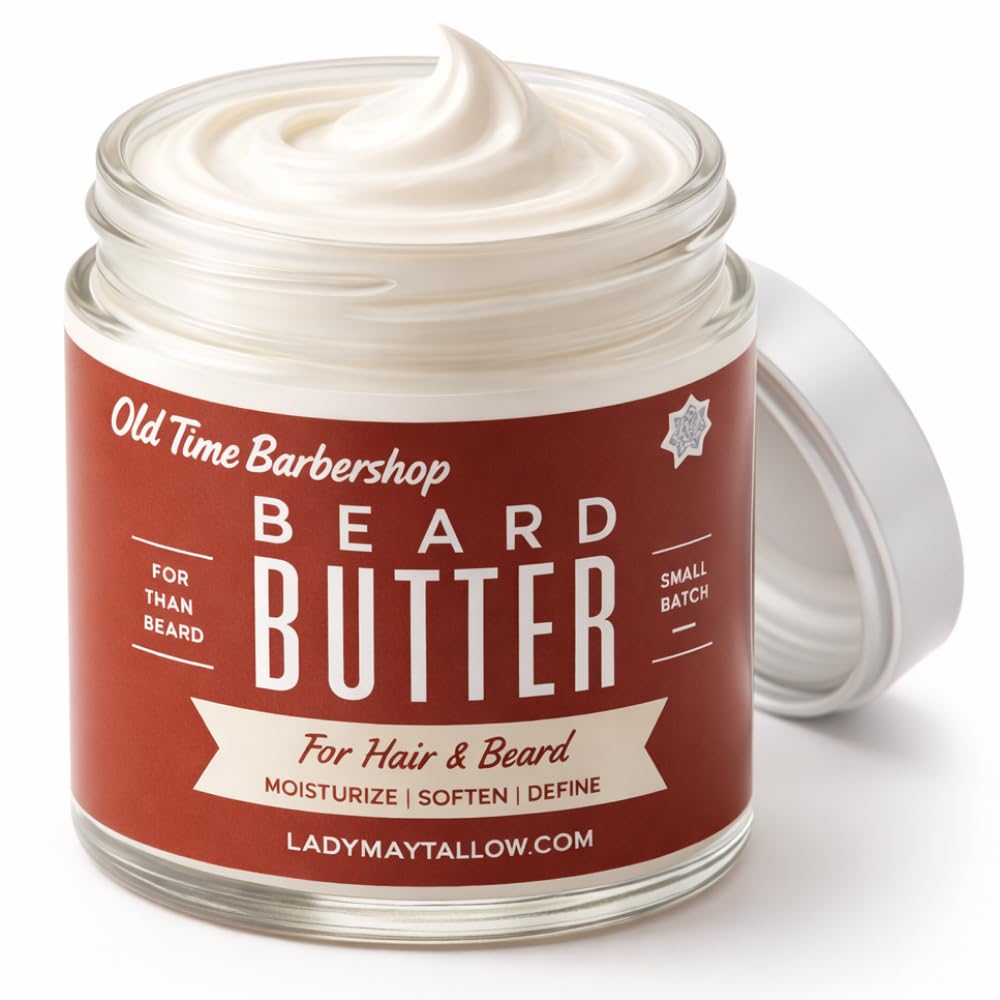 Lady May Tallow old-time beard butter jar showing premium skincare for face and body