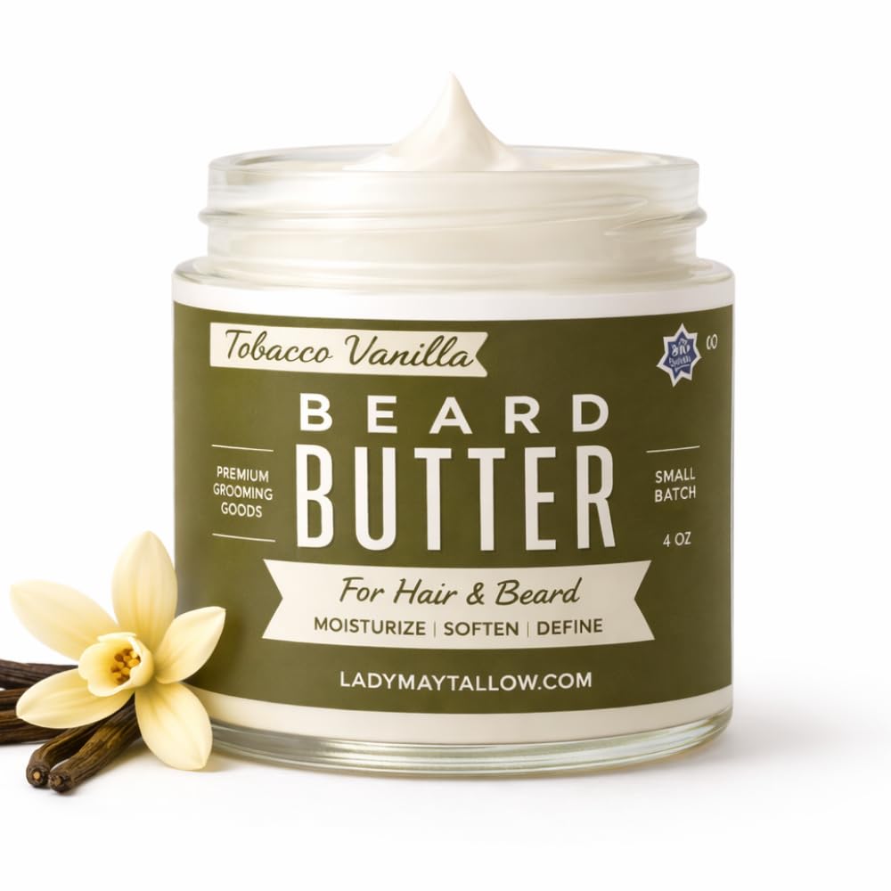 Lady May Tallow Tallow Man Tobacco Vanilla butter in tin softens the beard.