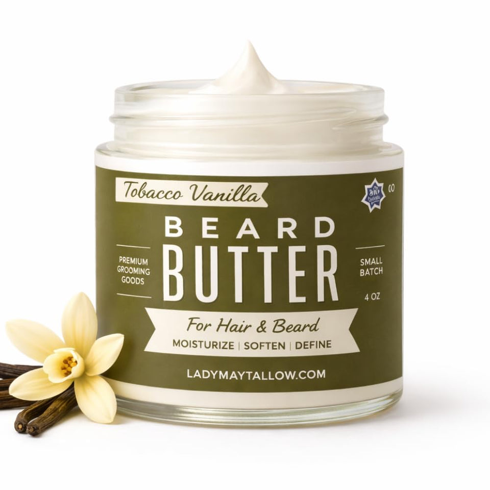 Lady May Tallow Tallow Man Tobacco Vanilla butter in tin softens the beard.