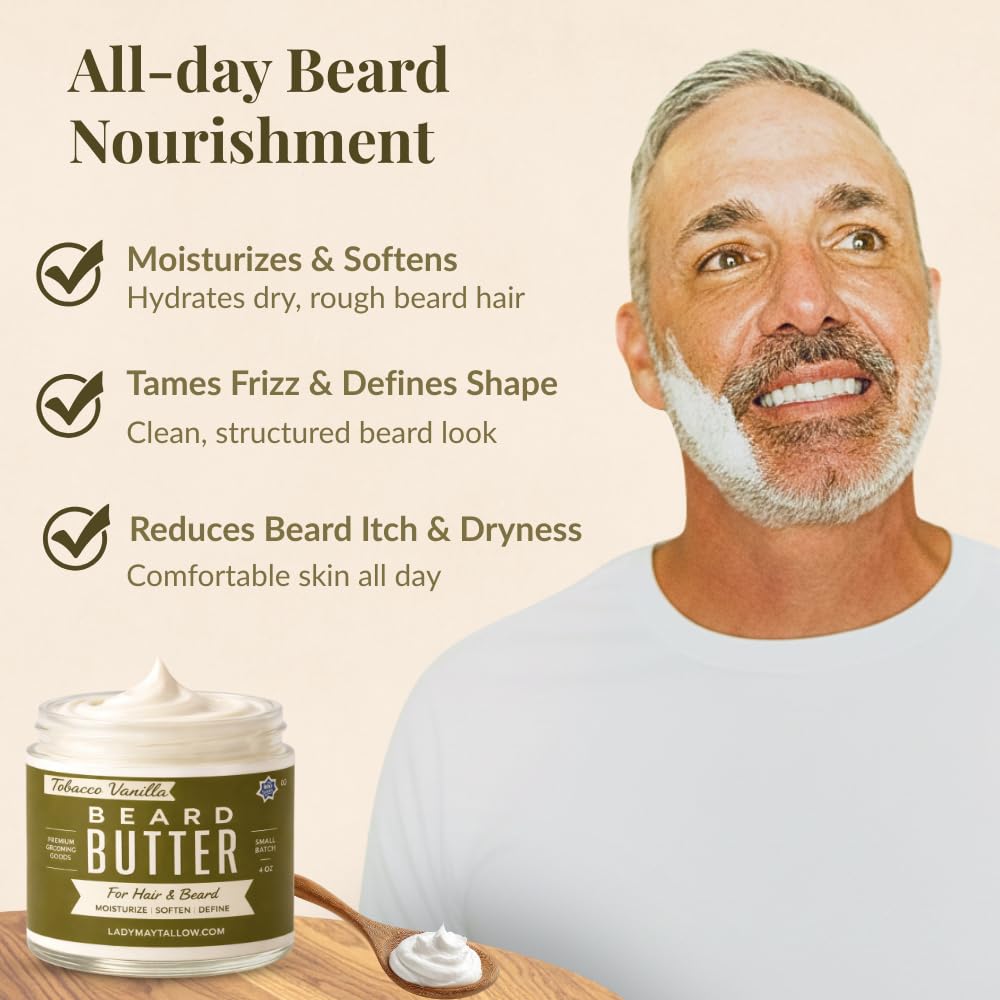 Lady May Tallow Tallow Man Tobacco Vanilla butter nourishes rugged beard fibers.