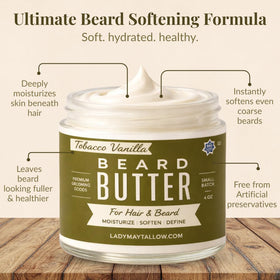 Lady May Tallow Tobacco Vanilla butter applied to hands for lasting moisture.