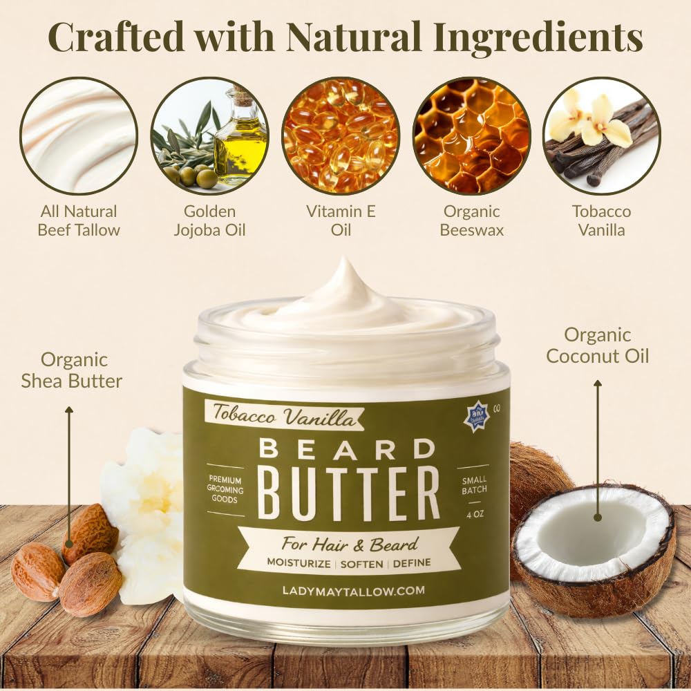 Lady May Tallow Tobacco Vanilla butter smooths skin after a shower.