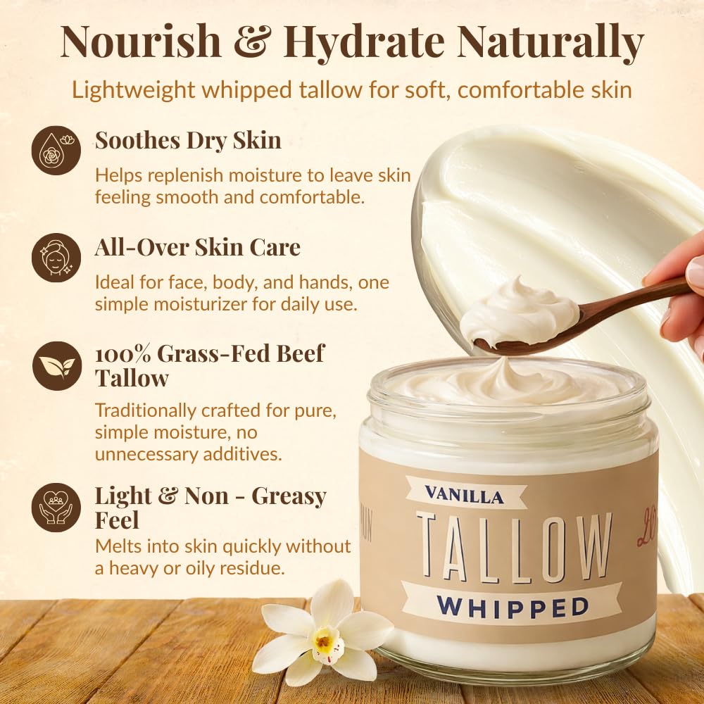 Warm vanilla aroma from Lady May Tallow enhances the moisturizing moment.
