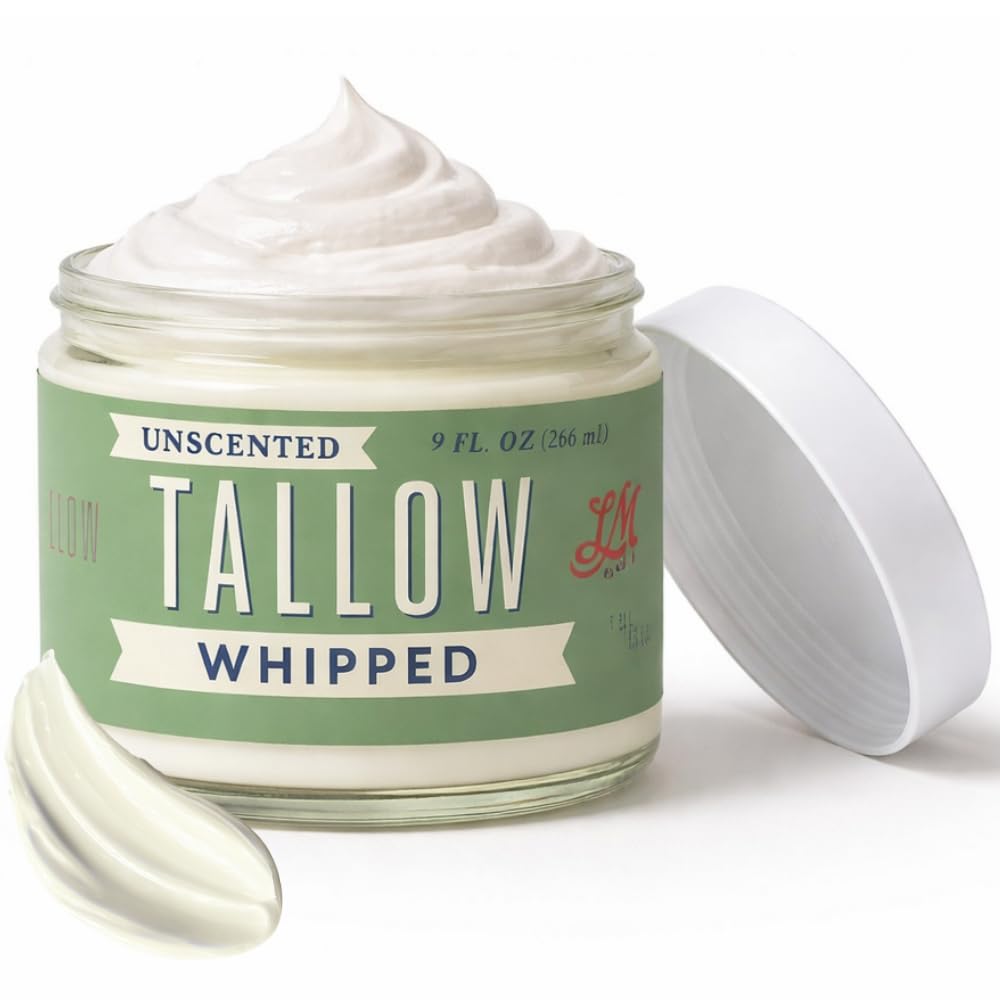 Lady May Tallow whipped tallow jar close-up for quick, hydrating skin nourishment.