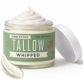 Lady May Tallow whipped tallow jar close-up for quick, hydrating skin nourishment.