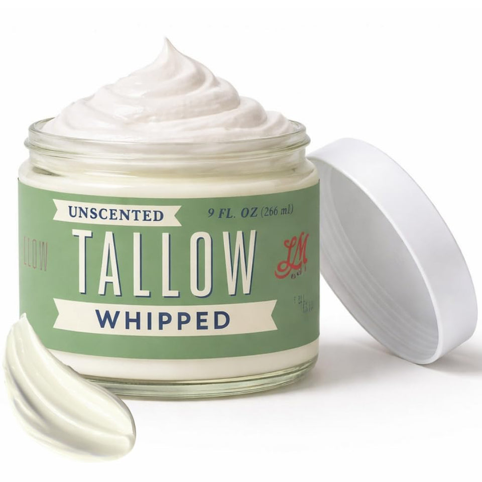 Lady May Tallow whipped tallow jar close-up for quick, hydrating skin nourishment.