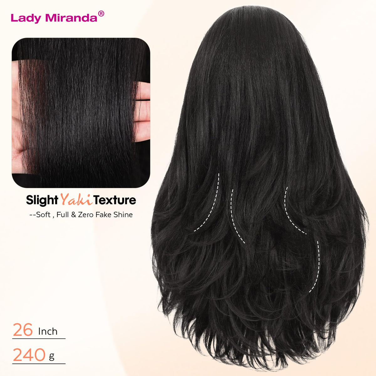 Back view of Lady Miranda wig highlighting layered fullness and movement.