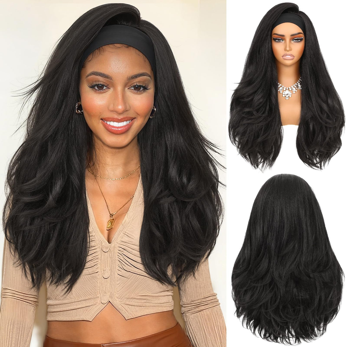 Lady Miranda 26-inch headband wig front view shows natural yaki texture for daily wear.