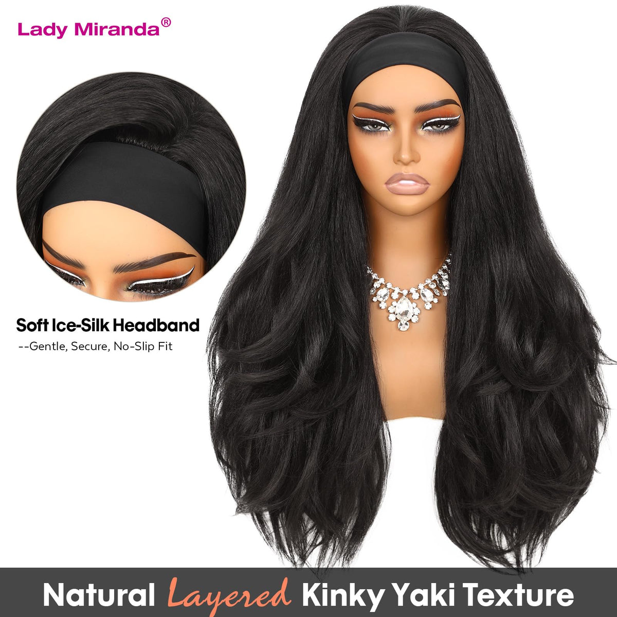 Lady Miranda wig worn on head with secure Velcro headband for quick styling.