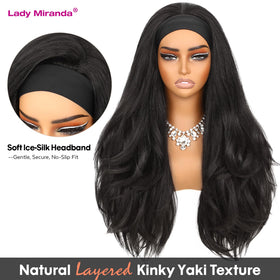 Lady Miranda wig worn on head with secure Velcro headband for quick styling.