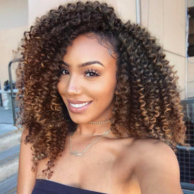 Lady Miranda afro kinky curly crochet hair in ombre brown close-up, natural texture