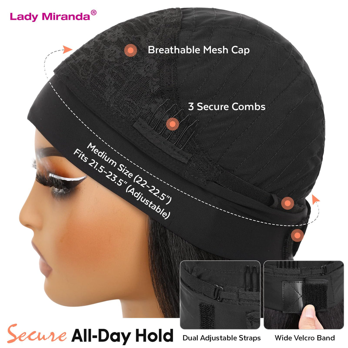 Lady Miranda wig features adjustable straps and three combs for secure fit.