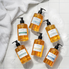 LAFCO New York Chamomile Lavender liquid soap close-up reveals 97% plant-based, synthetic-free formula.