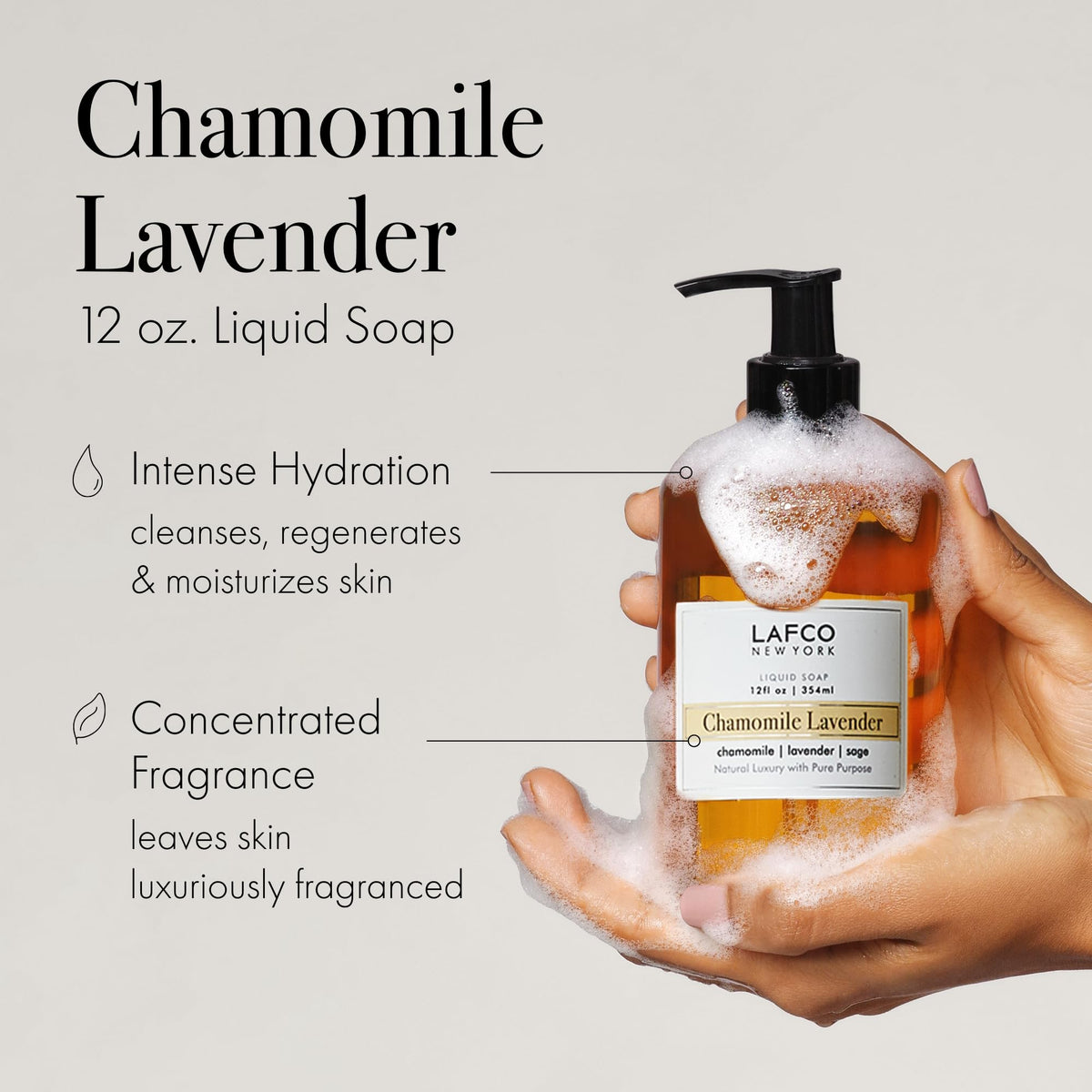 LAFCO New York Chamomile Lavender liquid soap pump demonstrates hypoallergenic, plant-based cleansing.