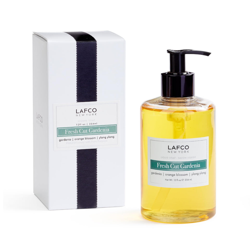LAFCO New York Fresh Cut Gardenia liquid soap bottle pour shows rich moisture for hands and body