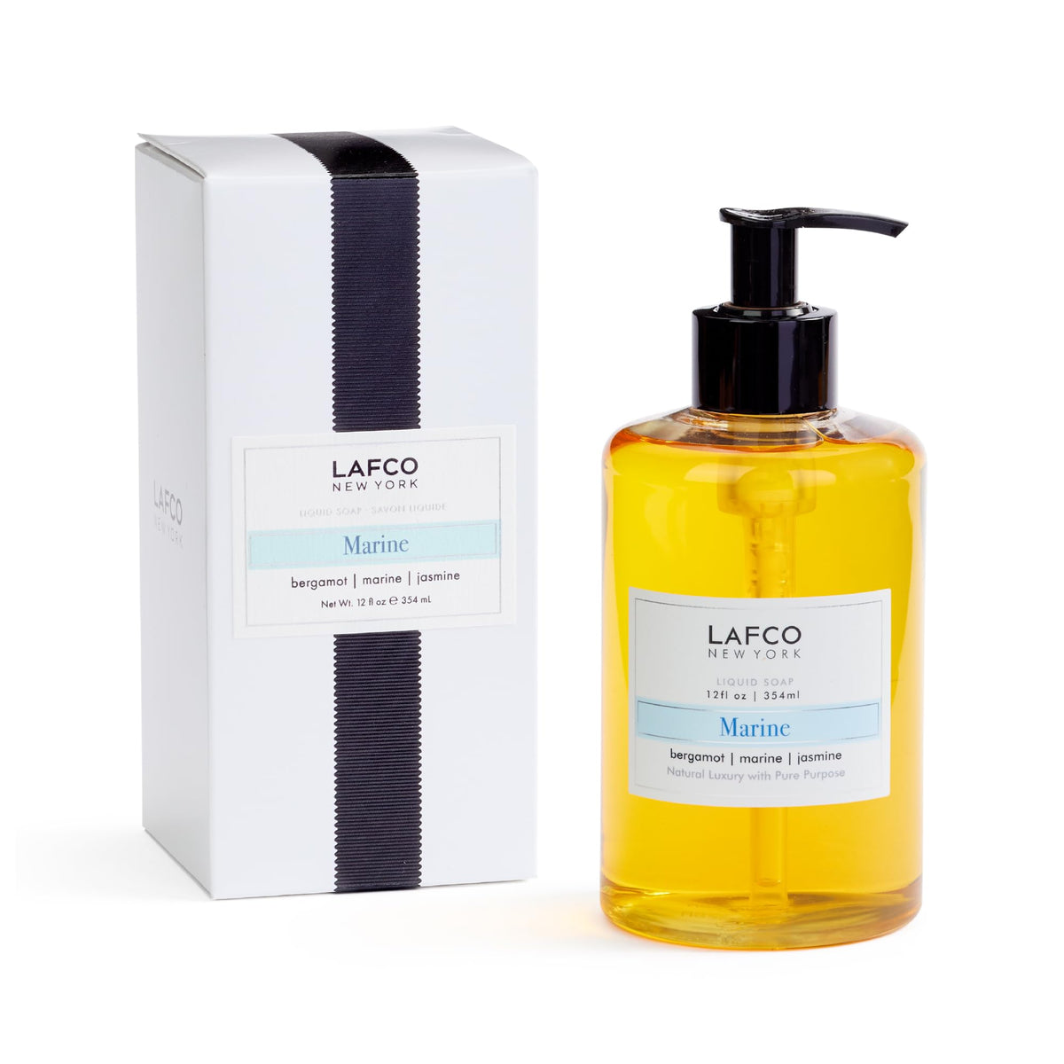 LAFCO New York Marine liquid soap bottle highlights hydrating formula for all skin types.