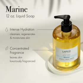 LAFCO New York Marine liquid soap foam demonstrates rich lather and olive oil nourishment.