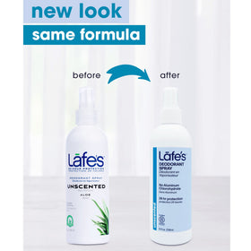Lafe's natural deodorant 8oz unscented spray back label highlights gentle ingredients