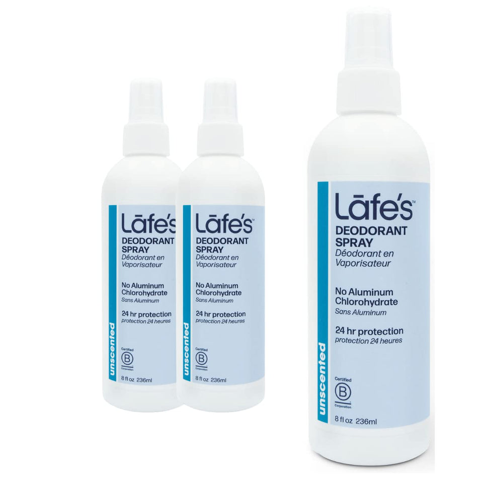 Lafe's natural deodorant 8oz unscented spray front view shows aluminum-free protection