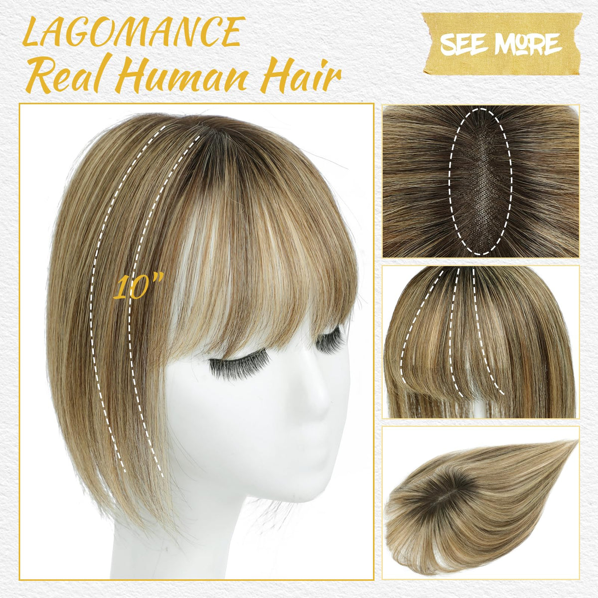 Lagomance clip-in-bangs-application shows quick, secure wear.