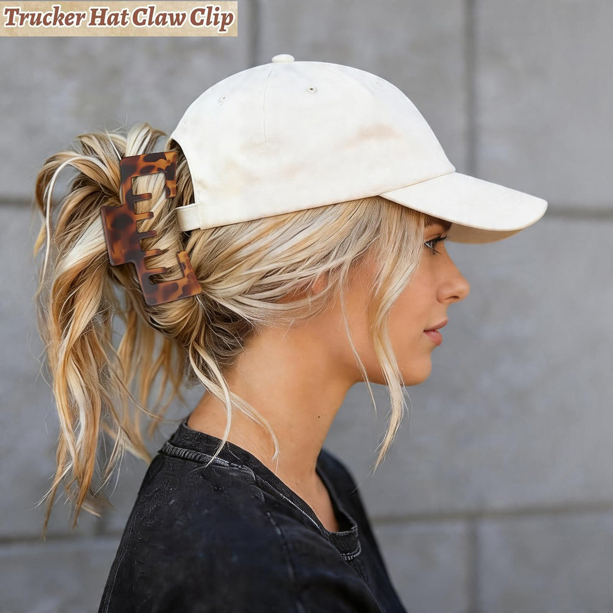 Lahnie claw clip showing seamless fit with various hats