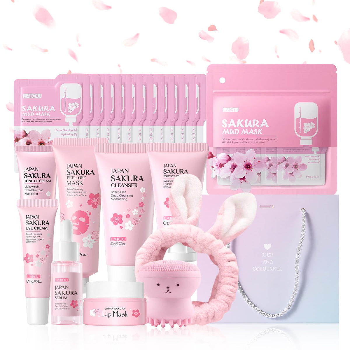 LAIKOU Sakura Skincare Set gift box showing a complete 34-piece routine for daily pampering
